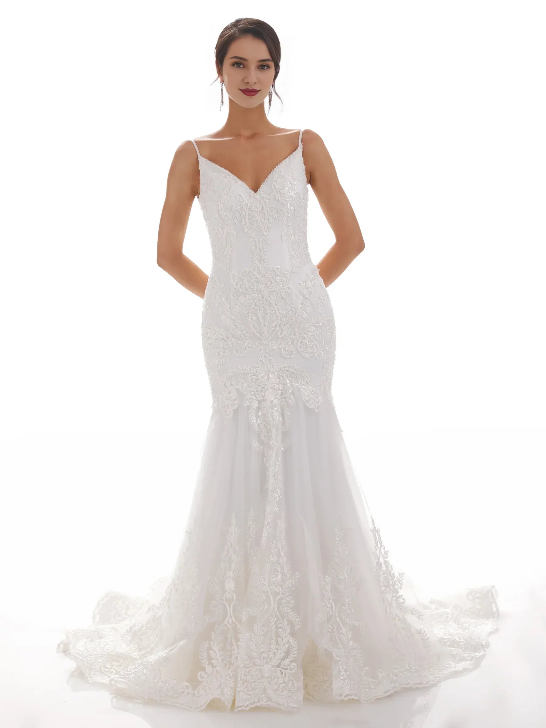 Opulent Mermaid V-Neck Spaghetti-Strap Floor-Length Wedding Dress