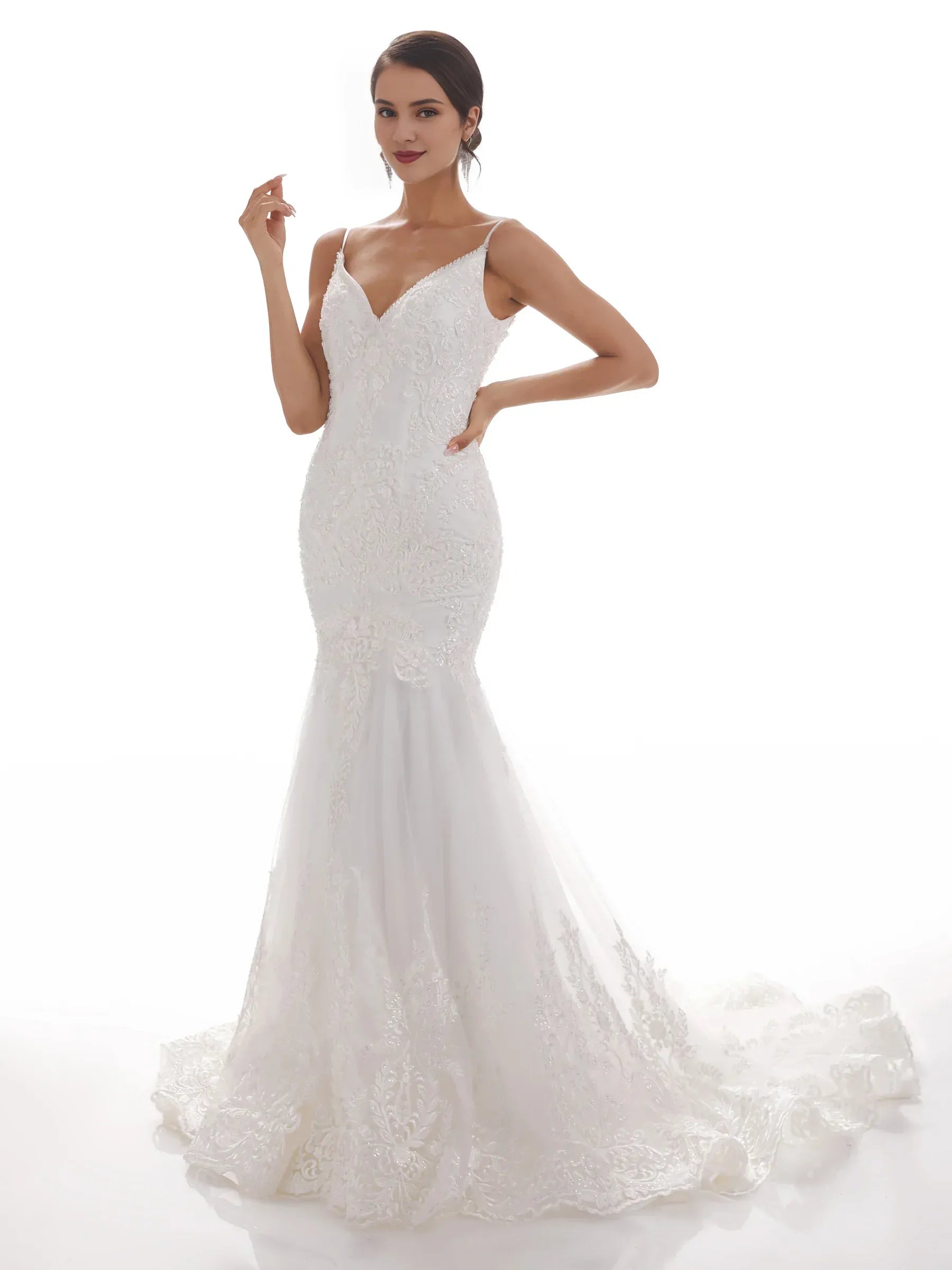 Opulent Mermaid V-Neck Spaghetti-Strap Floor-Length Wedding Dress