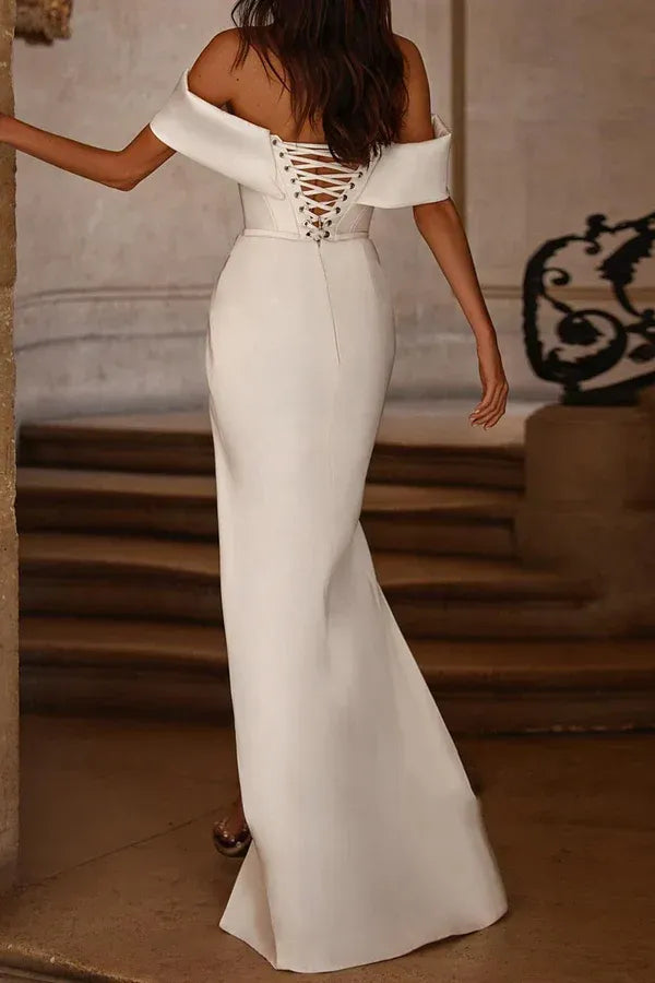Opulent Off-the-Shoulder Corset High-Slit Floor-Length Wedding Dress