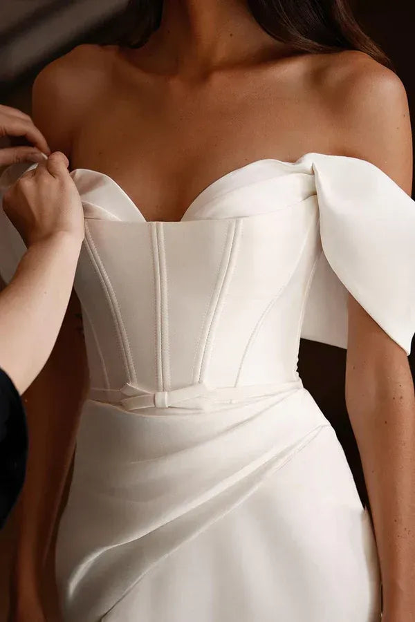 Opulent Off-the-Shoulder Corset High-Slit Floor-Length Wedding Dress