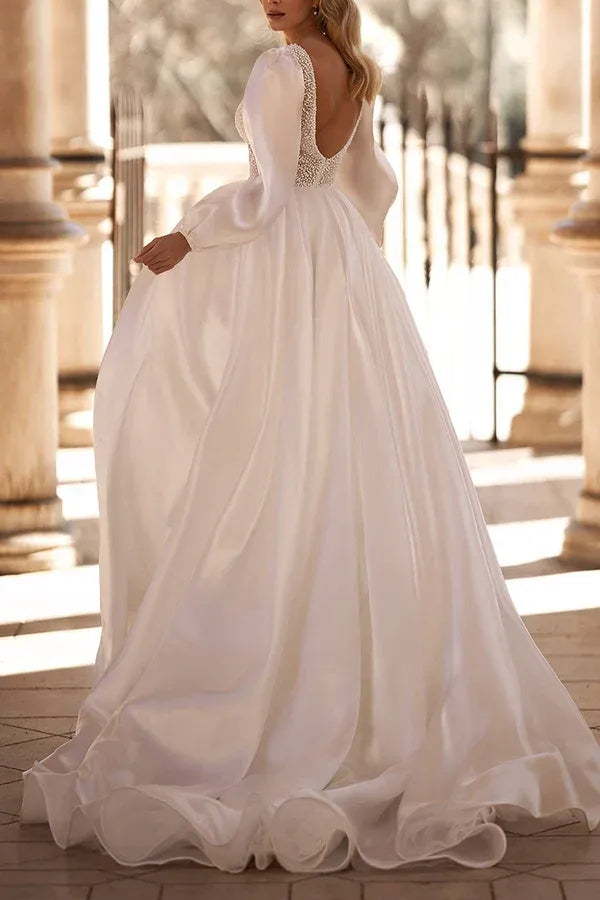 Opulent Plunging V-Neck Puff-Sleeve A-Line Floor-Length Wedding Dress