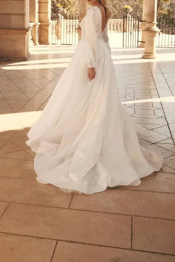 Opulent Plunging V-Neck Puff-Sleeve A-Line Floor-Length Wedding Dress