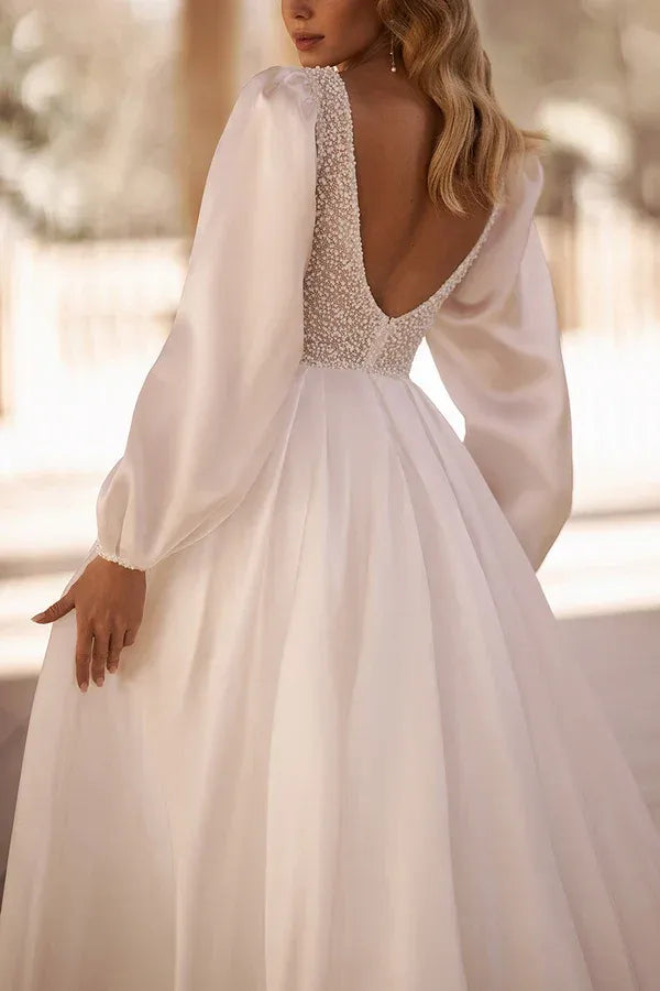 Opulent Plunging V-Neck Puff-Sleeve A-Line Floor-Length Wedding Dress