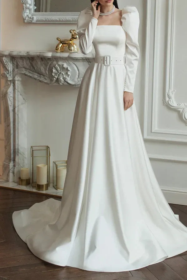 Opulent Square-Neck Puff-Sleeve A-Line Floor-Length Wedding Dress