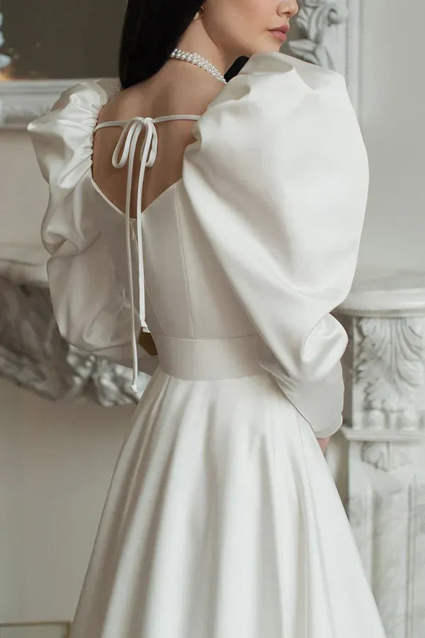 Opulent Square-Neck Puff-Sleeve A-Line Floor-Length Wedding Dress