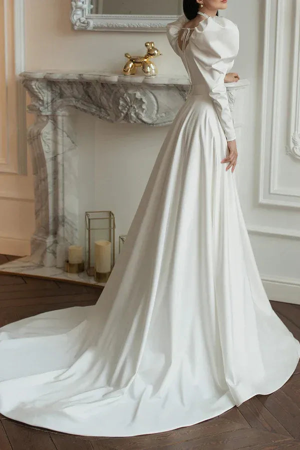 Opulent Square-Neck Puff-Sleeve A-Line Floor-Length Wedding Dress