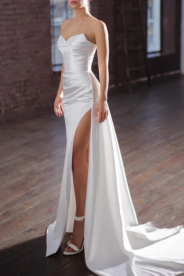 Opulent Strapless Draped High-Slit Mermaid Floor-Length Wedding Dress