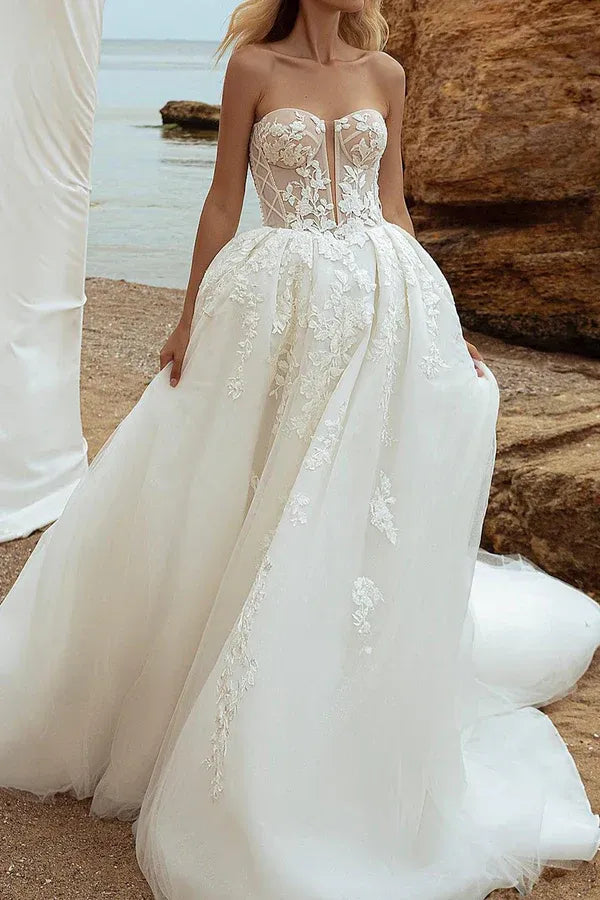 Opulent Strapless Sweetheart Detachable-Sleeve A-Line Floor-Length Wedding Dress