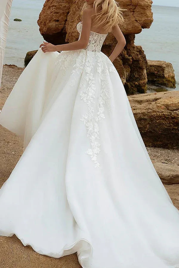 Opulent Strapless Sweetheart Detachable-Sleeve A-Line Floor-Length Wedding Dress