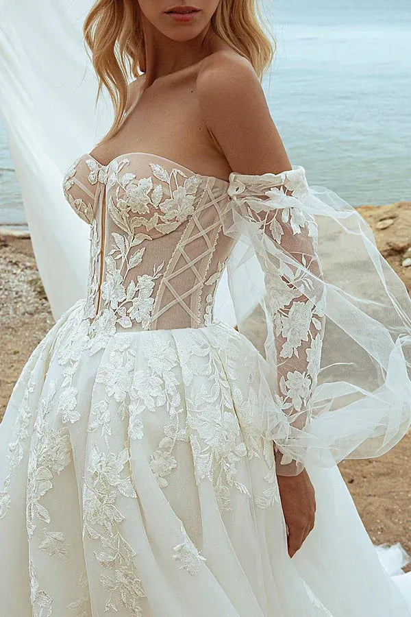 Opulent Strapless Sweetheart Detachable-Sleeve A-Line Floor-Length Wedding Dress