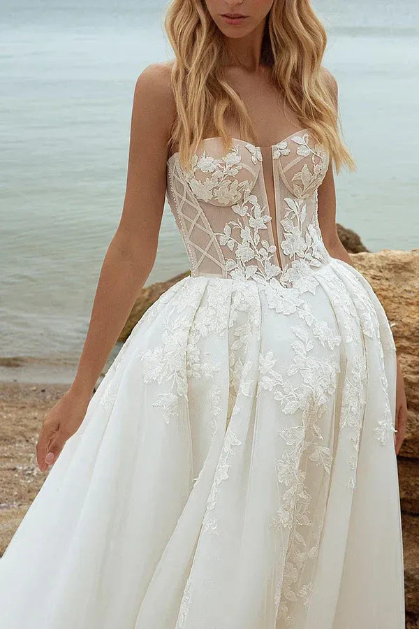 Opulent Strapless Sweetheart Detachable-Sleeve A-Line Floor-Length Wedding Dress