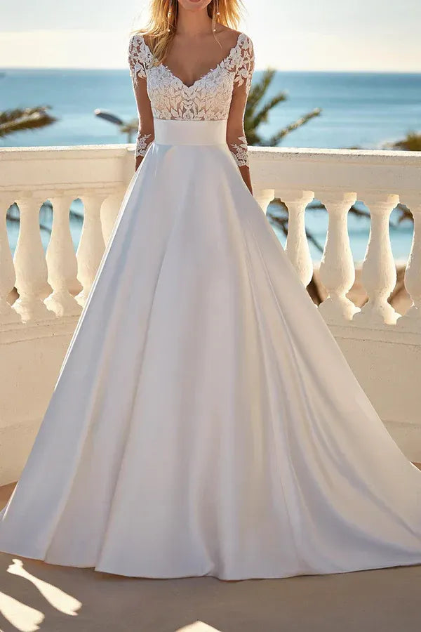Opulent Sweetheart Illusion 3/4-Sleeve A-Line Floor-Length Wedding Dress