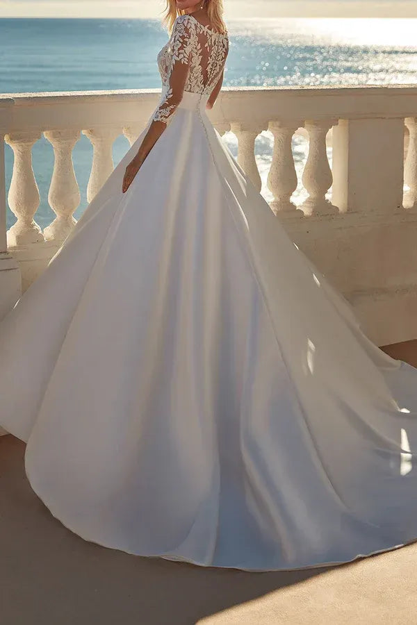 Opulent Sweetheart Illusion 3/4-Sleeve A-Line Floor-Length Wedding Dress