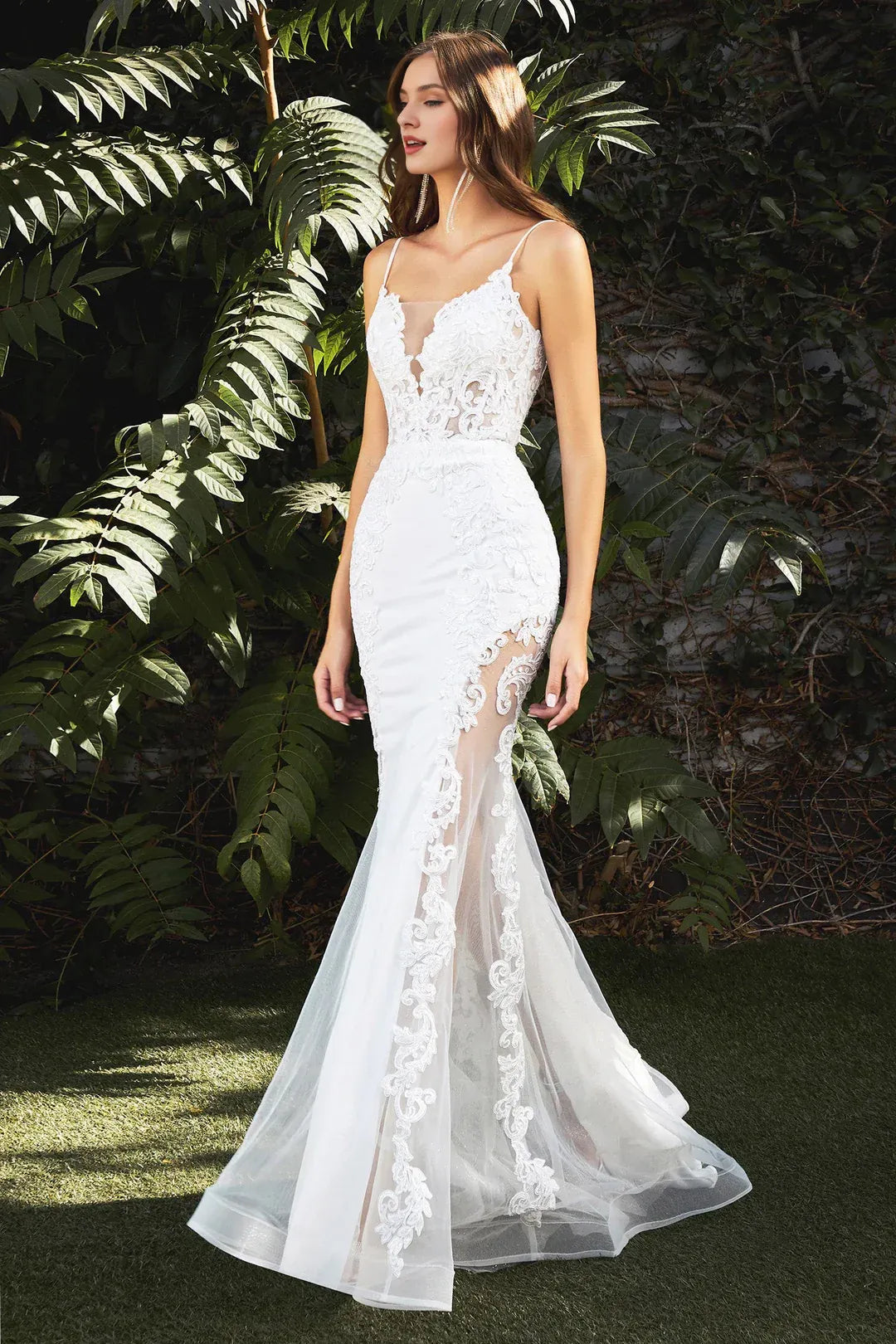 Ornate Mermaid Plunge-Neck Spaghetti-Strap Floor-Length Wedding Dress