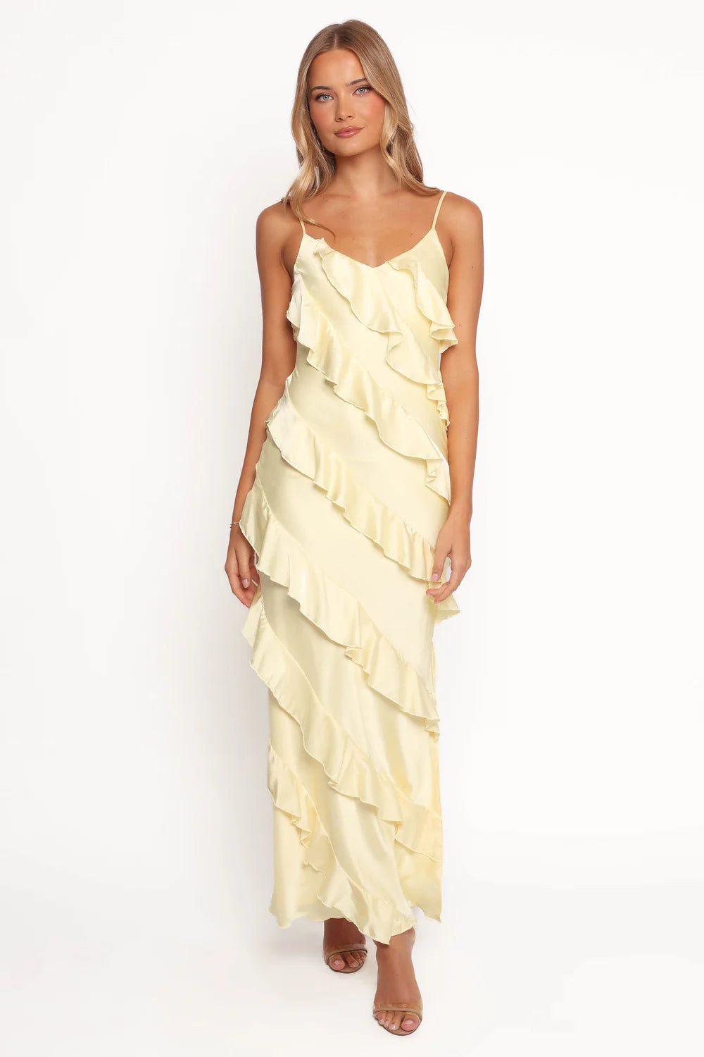 Lustrous Slip V-Neck Spaghetti Strap Low-Back Floor-Length Wedding Guest Dress