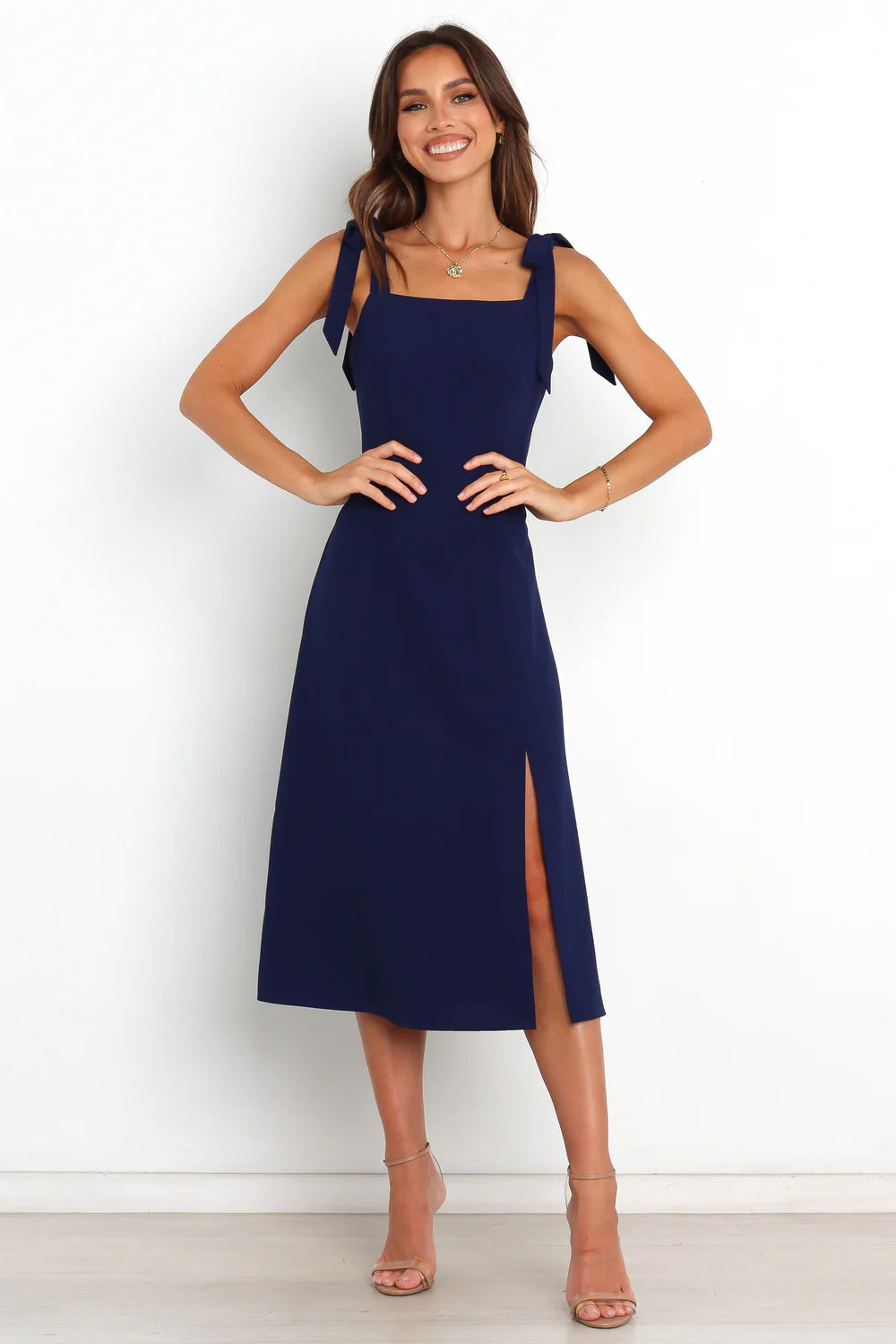 Chic Midi Square-Neck Tie-Strap Slit Wedding Guest Dress