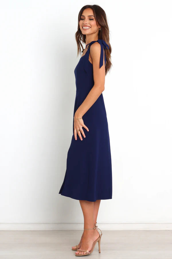 Chic Midi Square-Neck Tie-Strap Slit Wedding Guest Dress