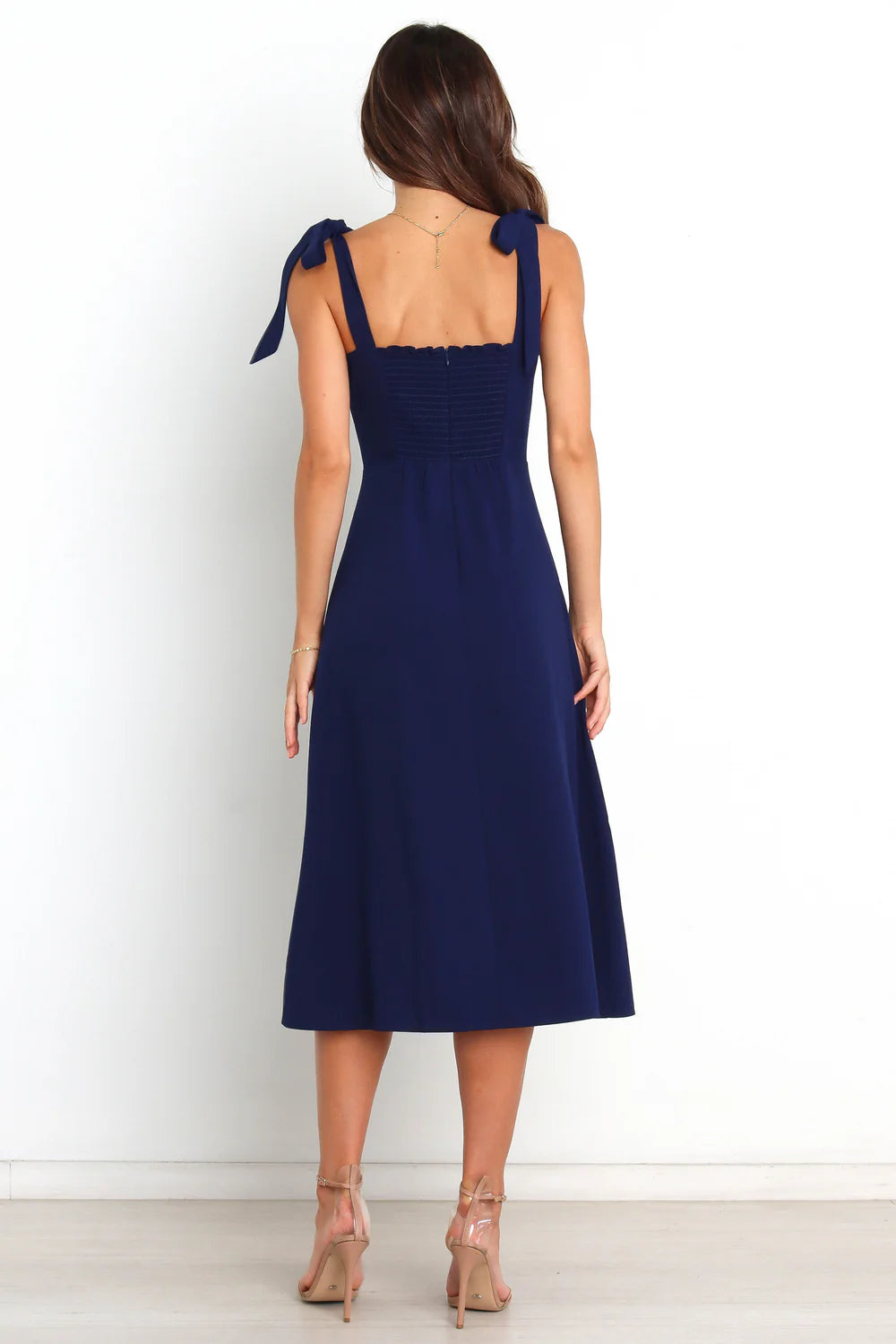 Chic Midi Square-Neck Tie-Strap Slit Wedding Guest Dress