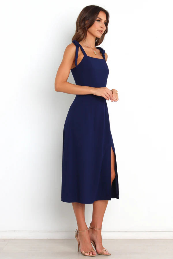 Chic Midi Square-Neck Tie-Strap Slit Wedding Guest Dress