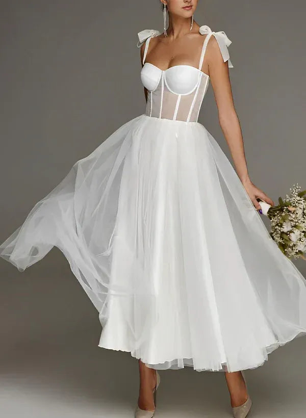 Playful A-Line Sweetheart-Neck Bow-Strap Midi-Length Wedding Dress