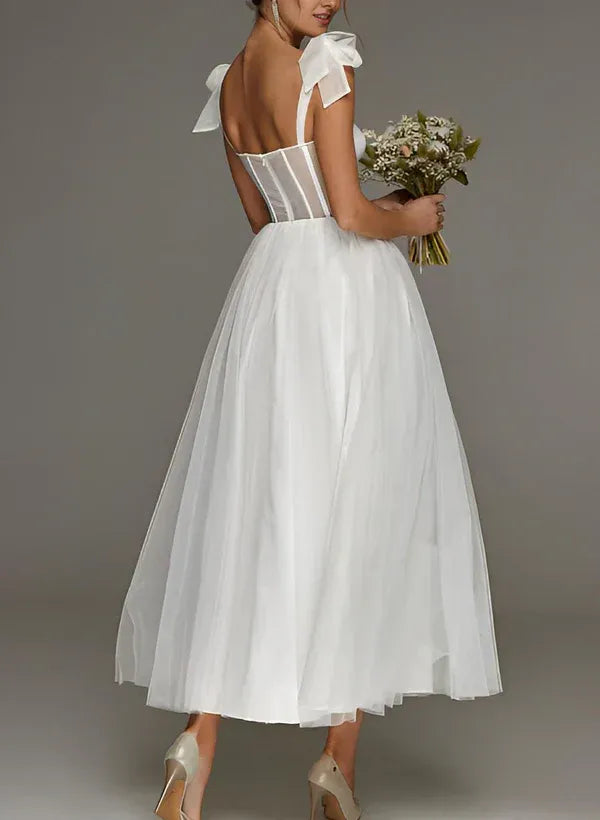 Playful A-Line Sweetheart-Neck Bow-Strap Midi-Length Wedding Dress