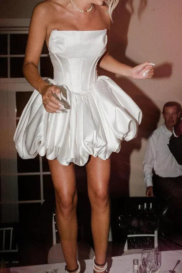 Playful Strapless Satin Mini Reception Wedding Dress