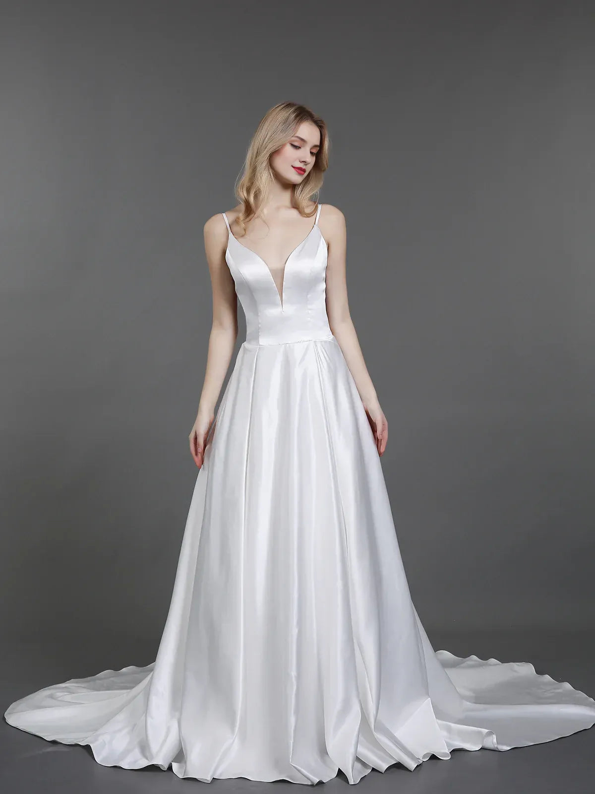 Polished A-Line V-Neck Spaghetti-Strap Floor-Length Wedding Dress