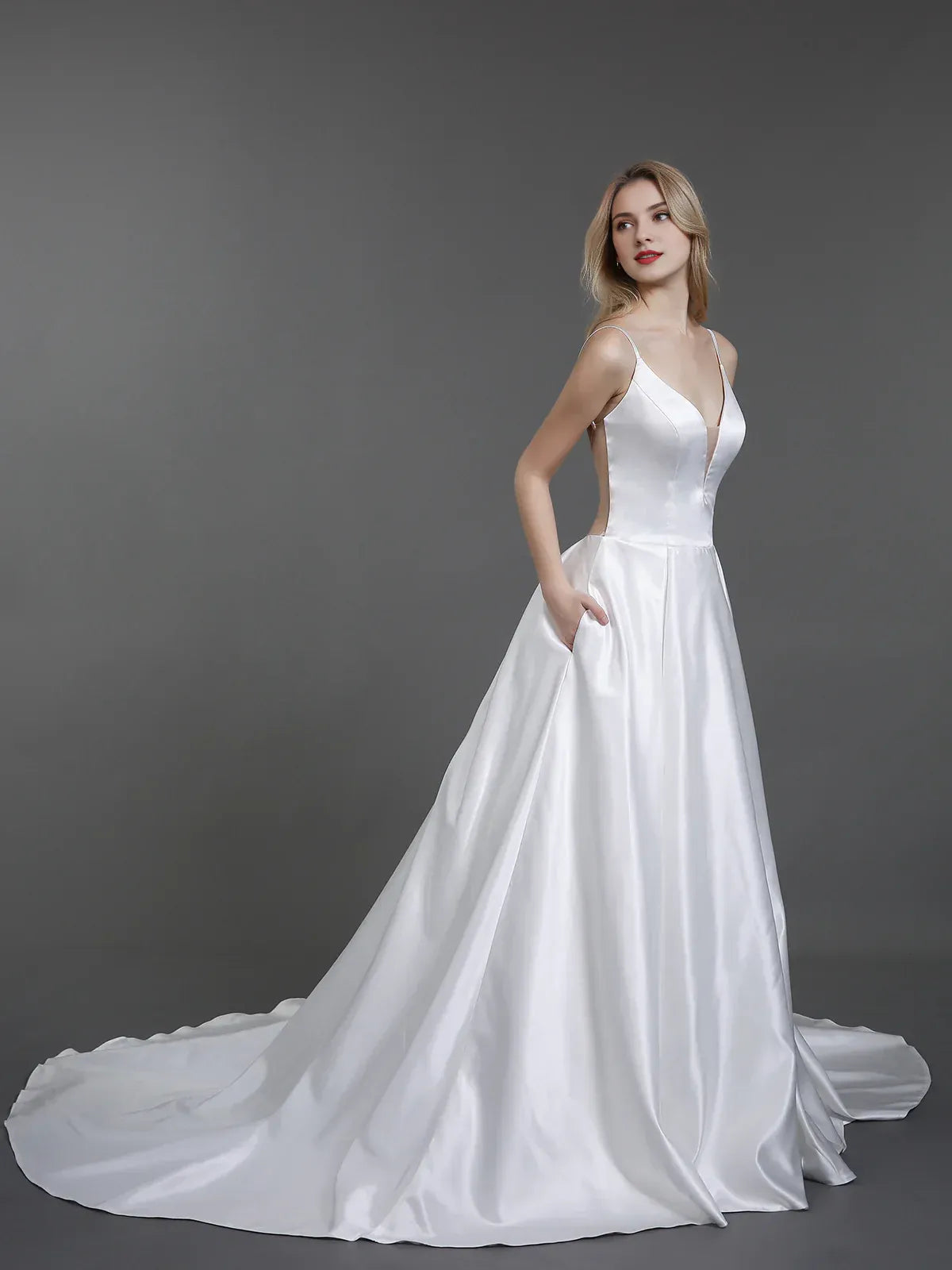 Polished A-Line V-Neck Spaghetti-Strap Floor-Length Wedding Dress