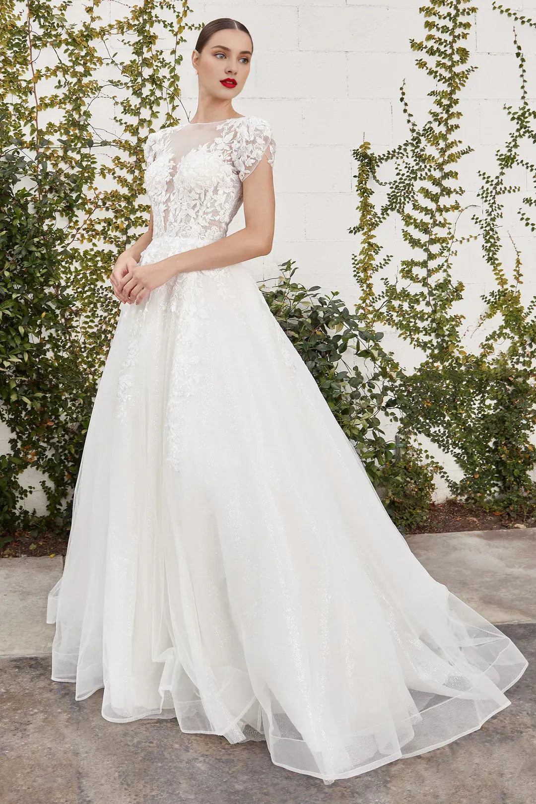 Pristine A-Line Illusion-Neck Cap-Sleeve Floor-Length Wedding Dress