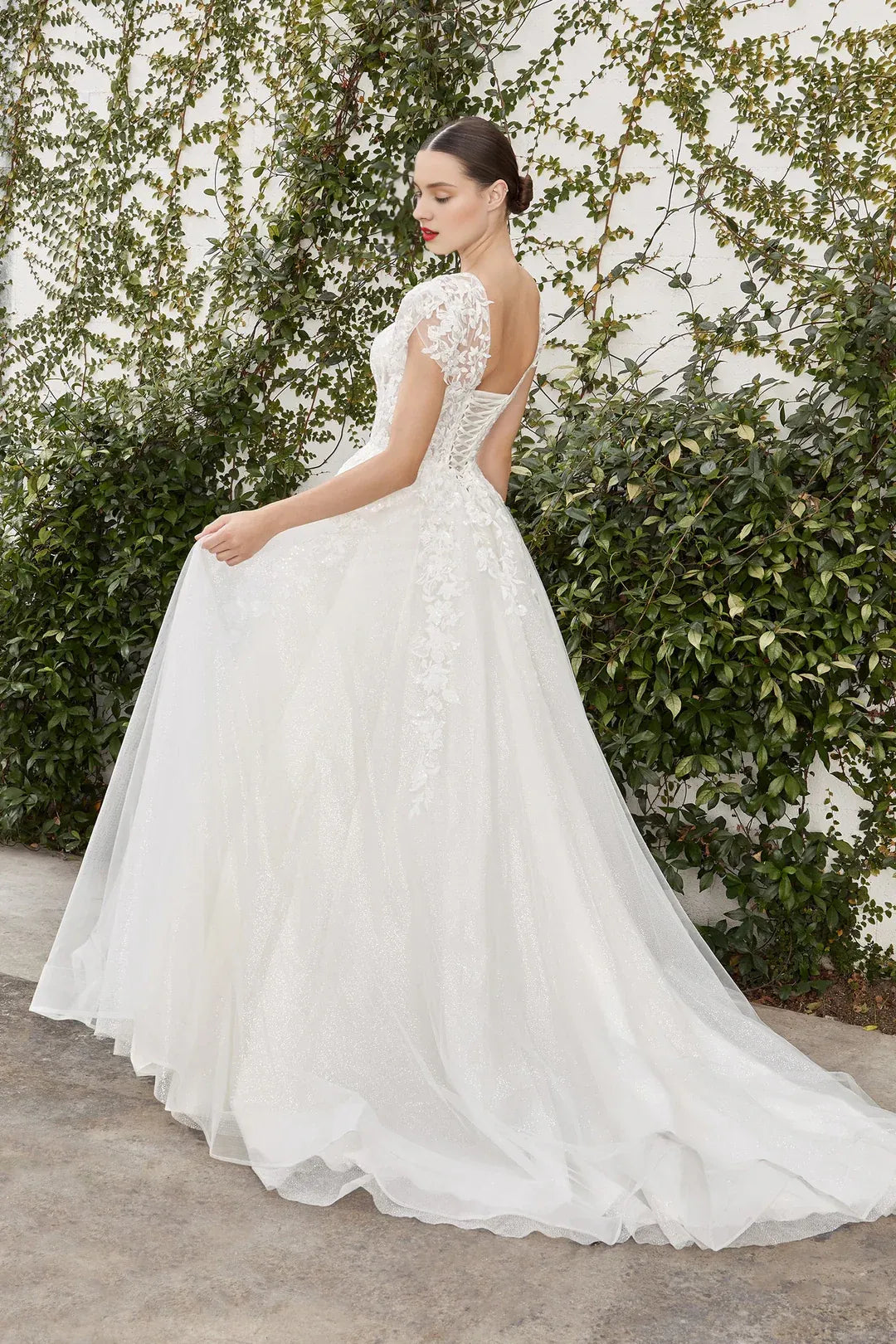 Pristine A-Line Illusion-Neck Cap-Sleeve Floor-Length Wedding Dress