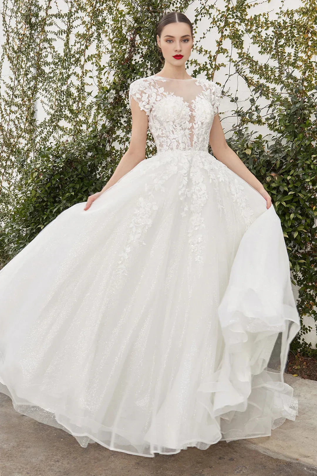 Pristine A-Line Illusion-Neck Cap-Sleeve Floor-Length Wedding Dress