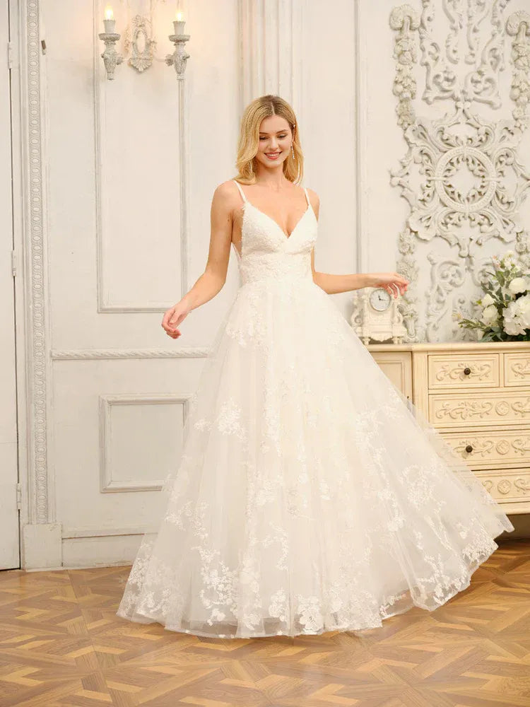 Radiant A-Line Plunge-Neck Spaghetti-Strap Floor-Length Wedding Dress