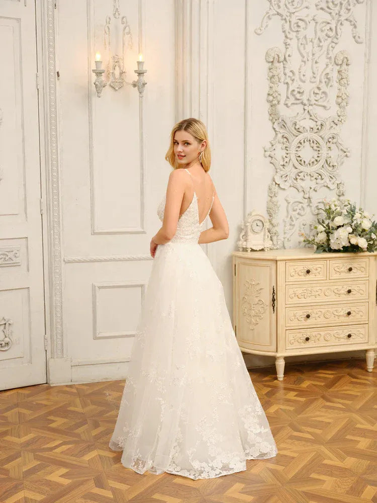 Radiant A-Line Plunge-Neck Spaghetti-Strap Floor-Length Wedding Dress