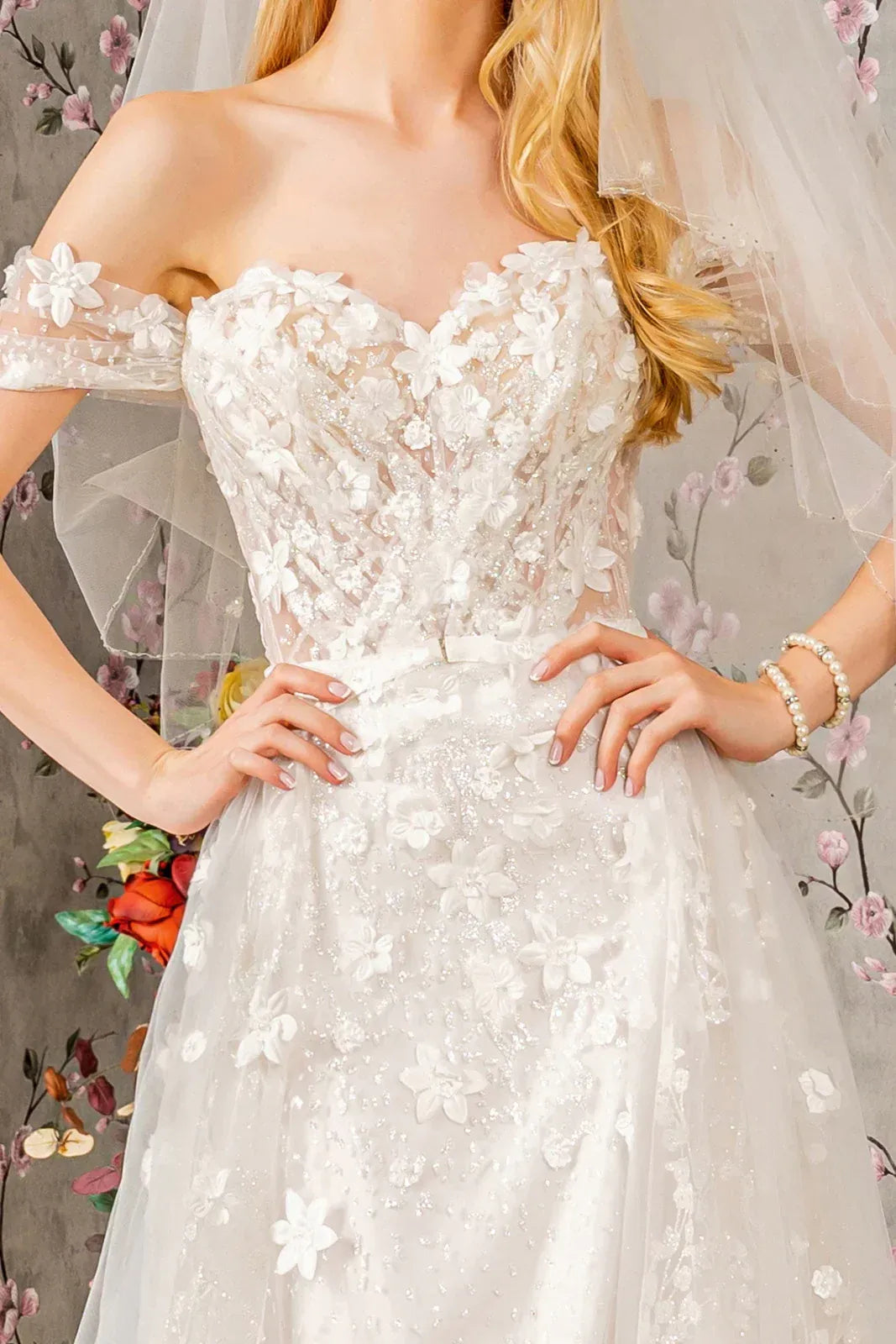 Radiant A-Line Sweetheart-Neck Off-the-Shoulder Floor-Length Wedding Dress