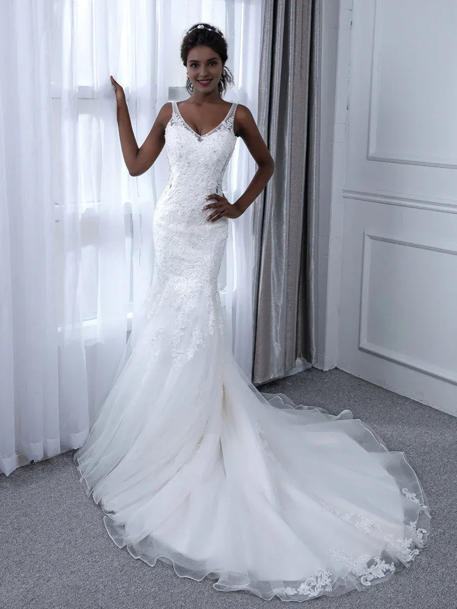 Radiant Mermaid V-Neck Spaghetti-Strap Floor-Length Wedding Dress