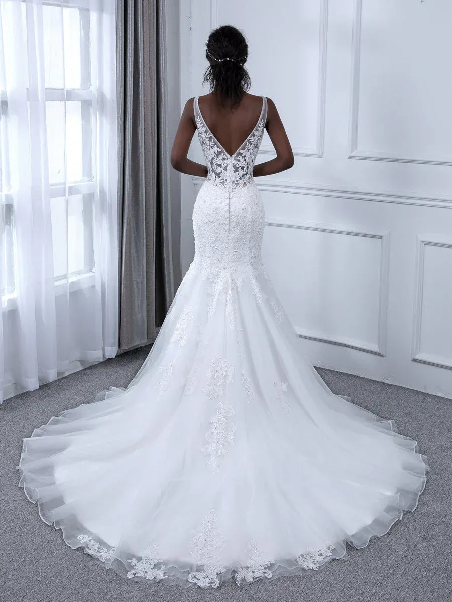 Radiant Mermaid V-Neck Spaghetti-Strap Floor-Length Wedding Dress