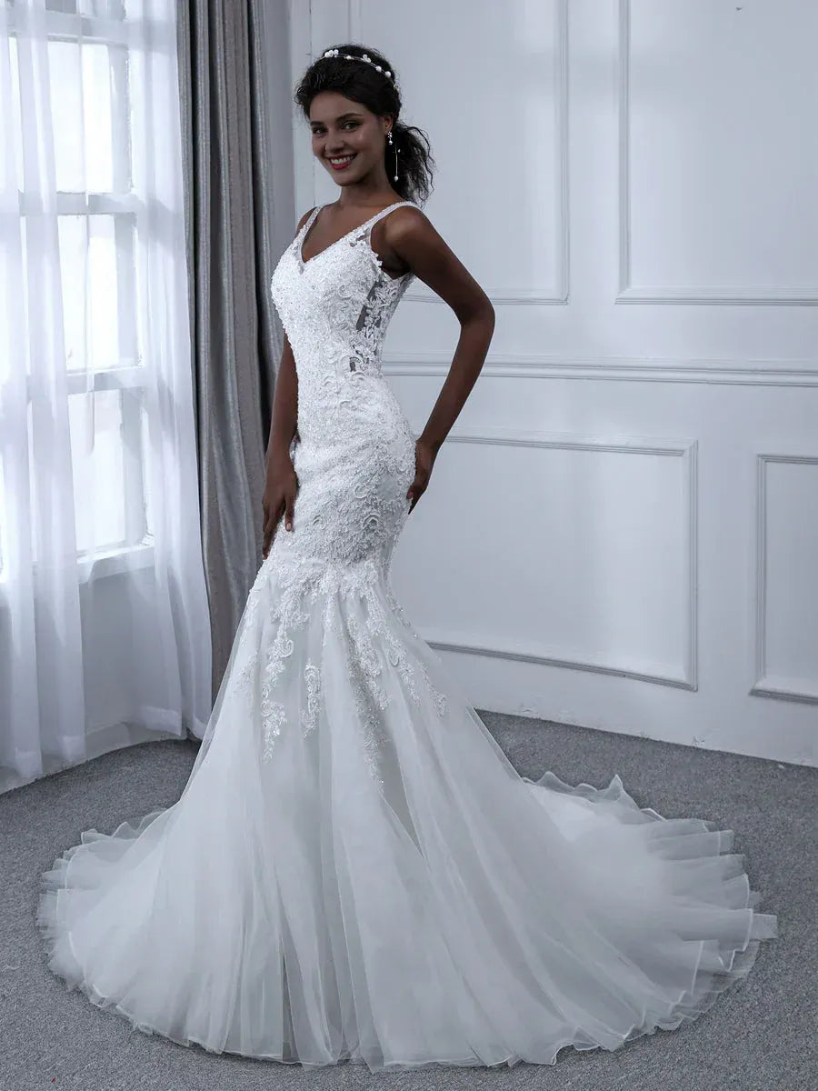 Radiant Mermaid V-Neck Spaghetti-Strap Floor-Length Wedding Dress