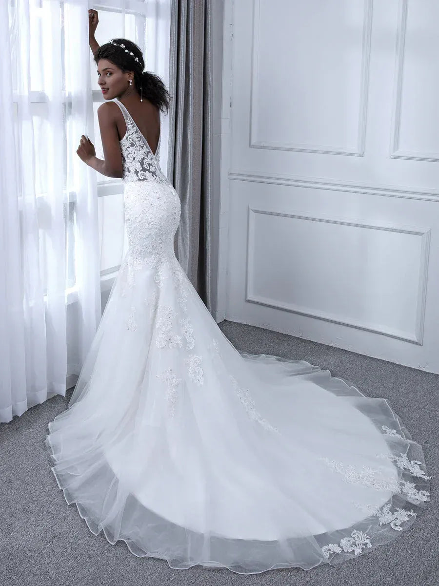 Radiant Mermaid V-Neck Spaghetti-Strap Floor-Length Wedding Dress