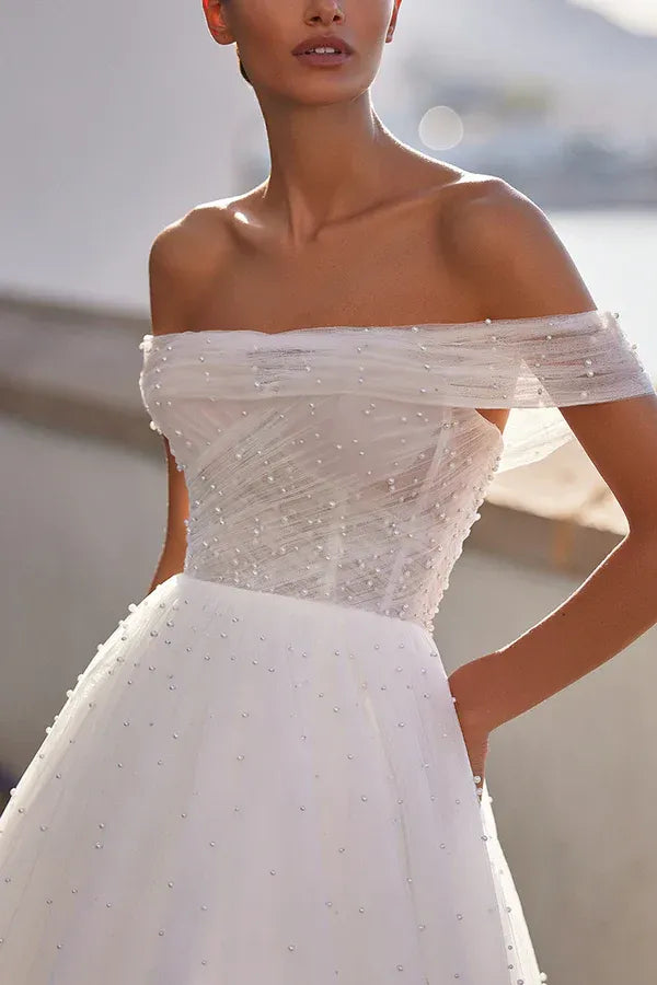 Radiant Off-the-Shoulder Short-Sleeve A-Line Floor-Length Wedding Dress