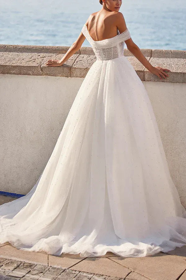 Radiant Off-the-Shoulder Short-Sleeve A-Line Floor-Length Wedding Dress