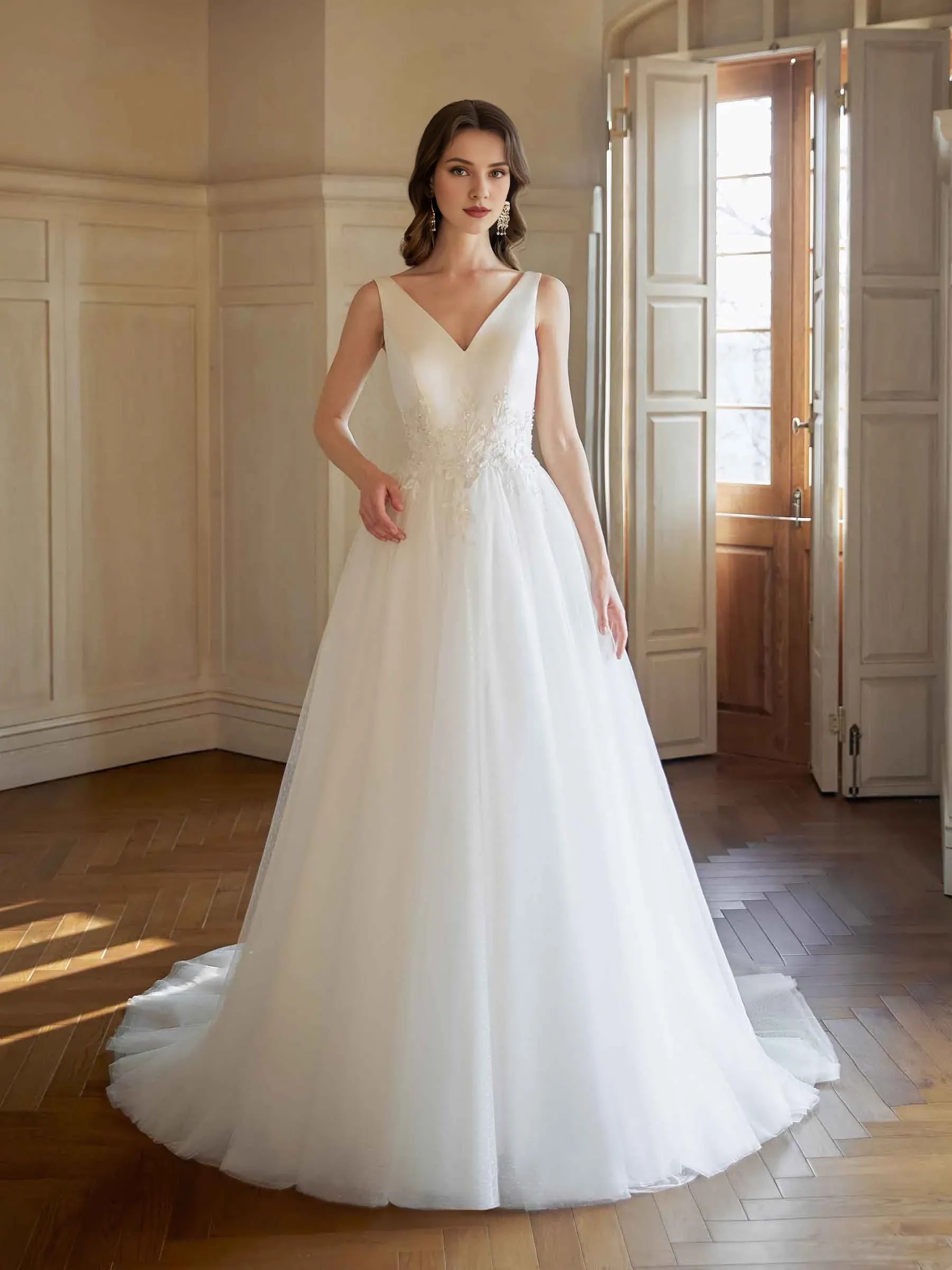 Refined A-Line V-Neck Sleeveless Floor-Length Wedding Dress