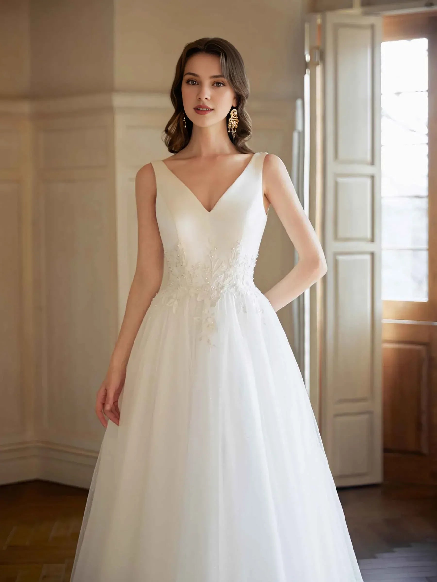 Refined A-Line V-Neck Sleeveless Floor-Length Wedding Dress