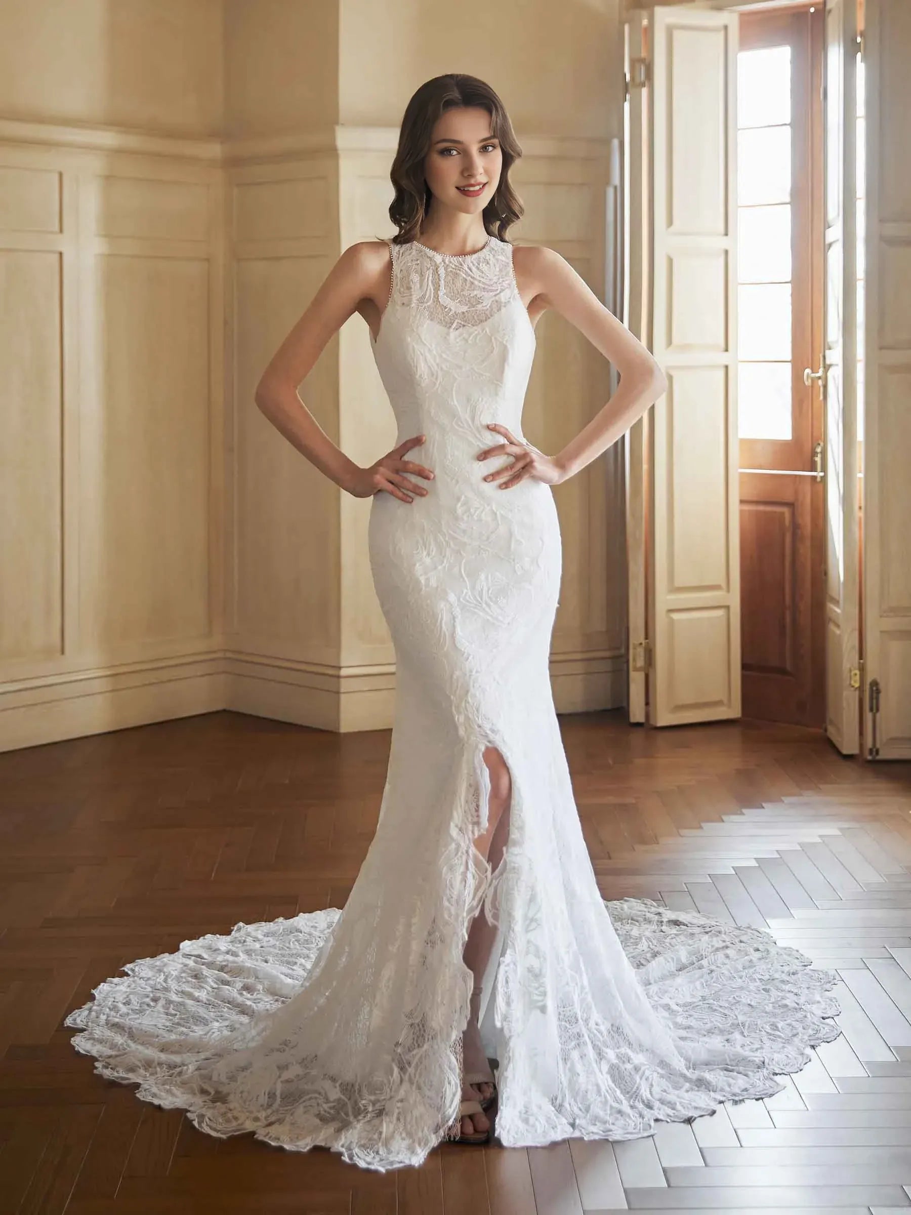 Refined Mermaid High-Neck Sleeveless Floor-Length Wedding Dress