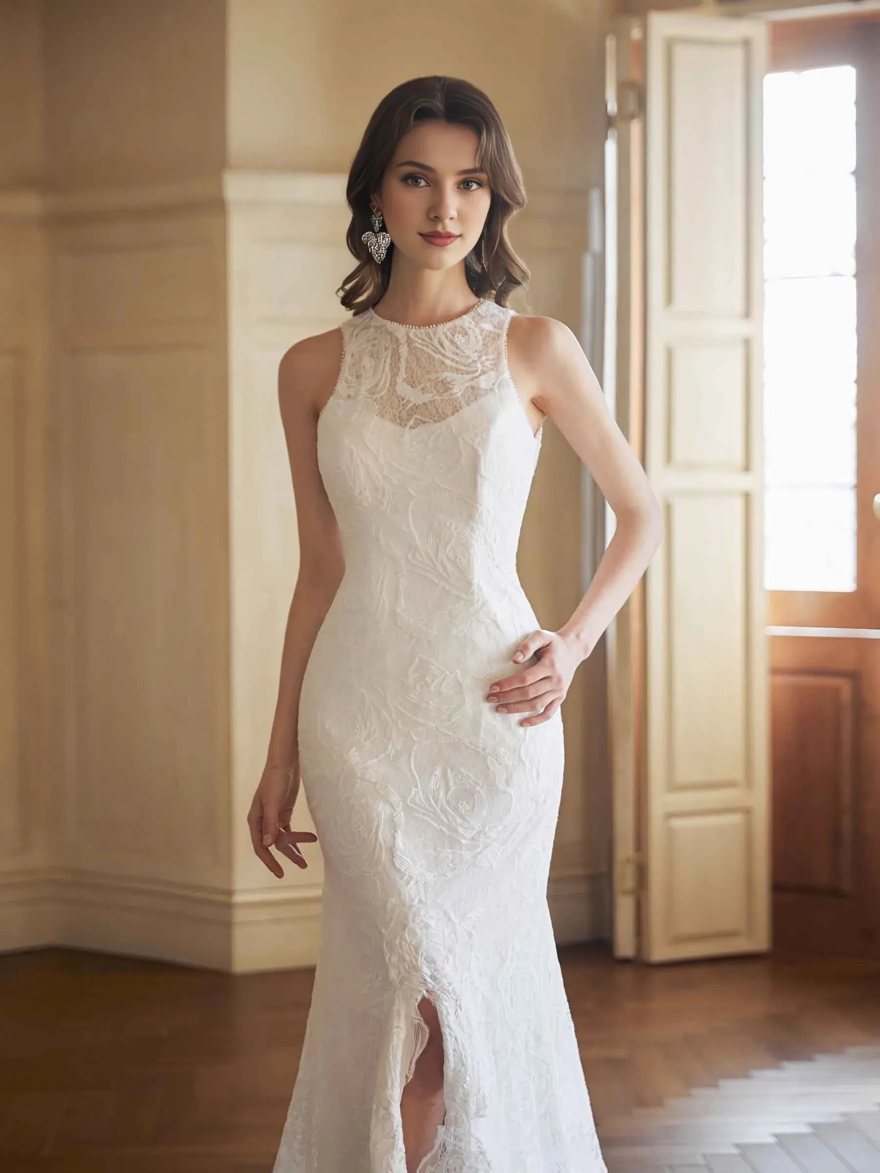 Refined Mermaid High-Neck Sleeveless Floor-Length Wedding Dress