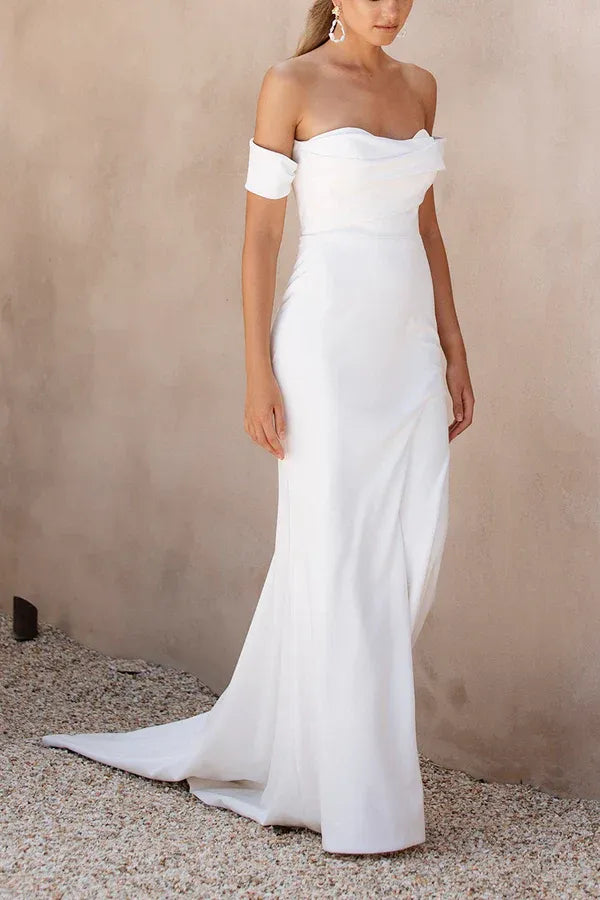 Refined Off-the-Shoulder Short-Sleeve Mermaid Floor-Length Wedding Dress