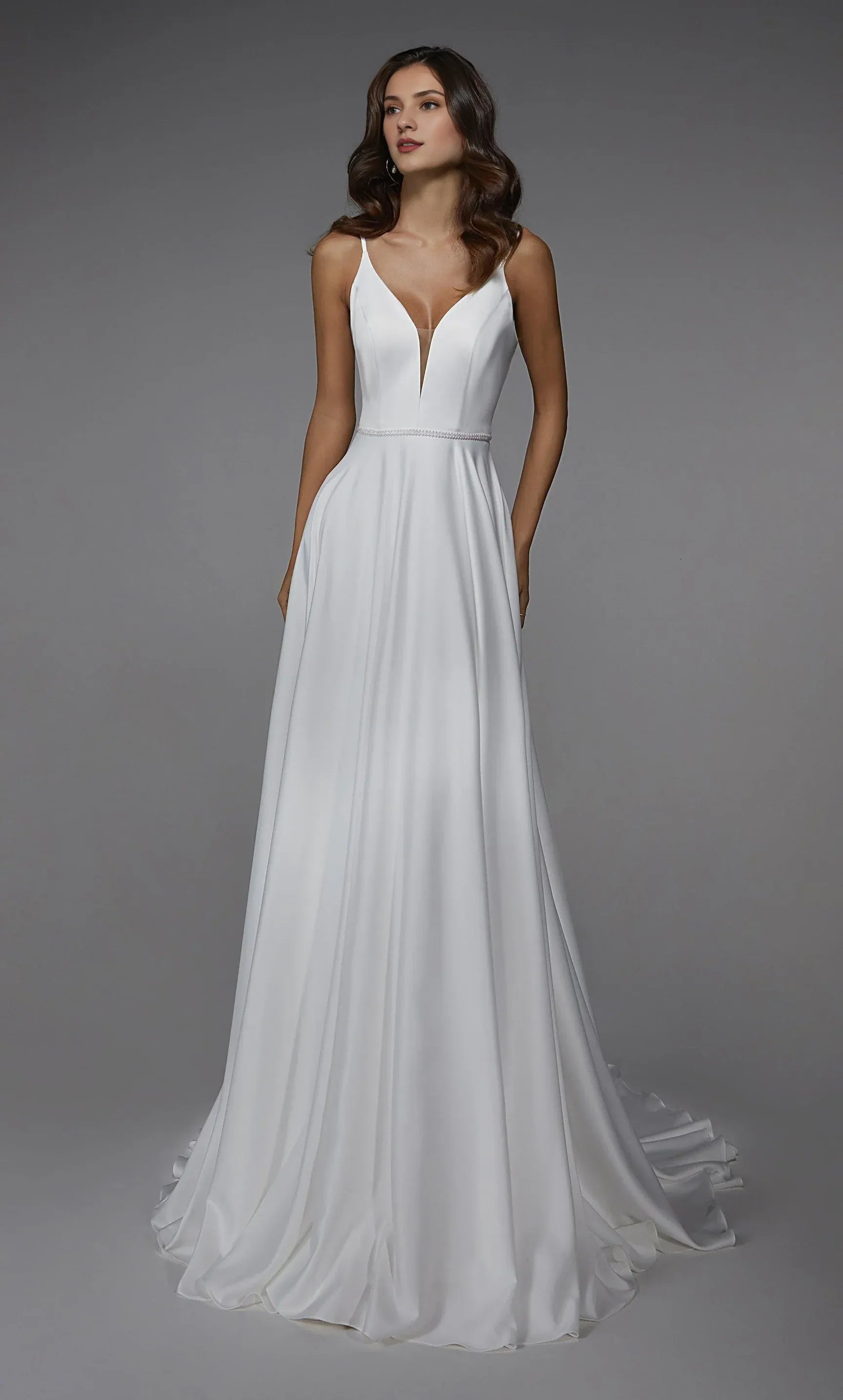 Refined Satin A-Line Wedding Dress with Beaded Waist & V-Back