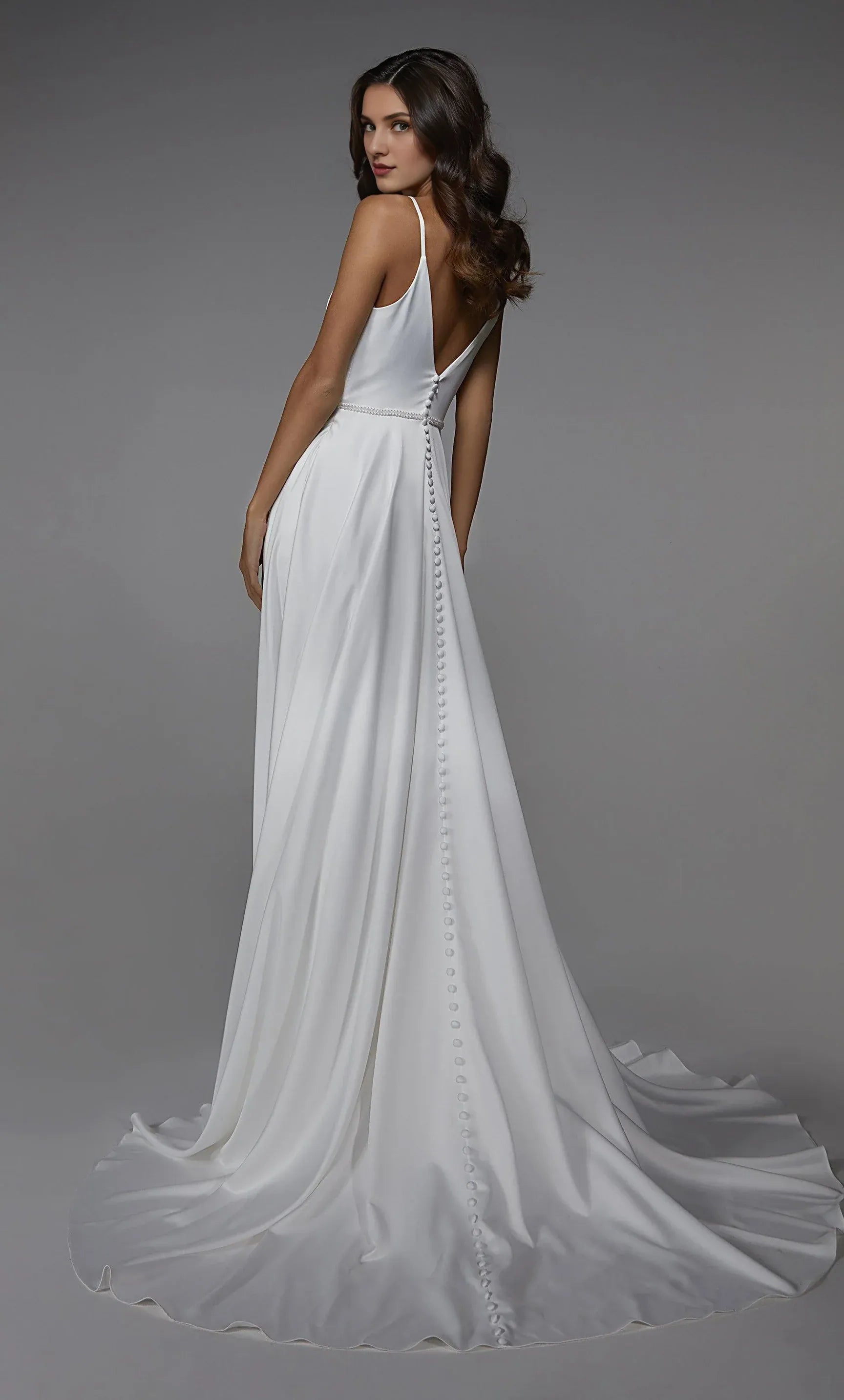 Refined Satin A-Line Wedding Dress with Beaded Waist & V-Back