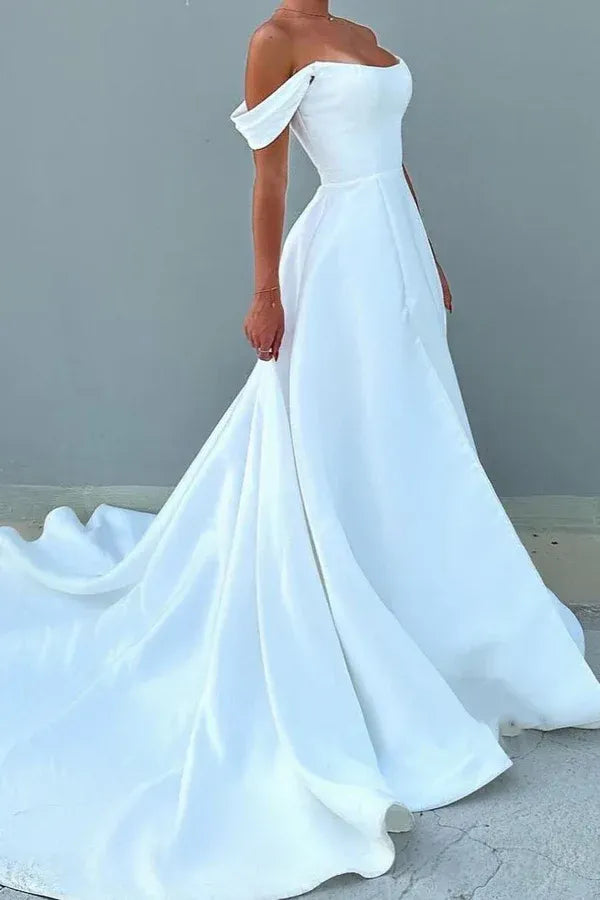 Regal A-Line Off-the-Shoulder Floor-Length Wedding Dress