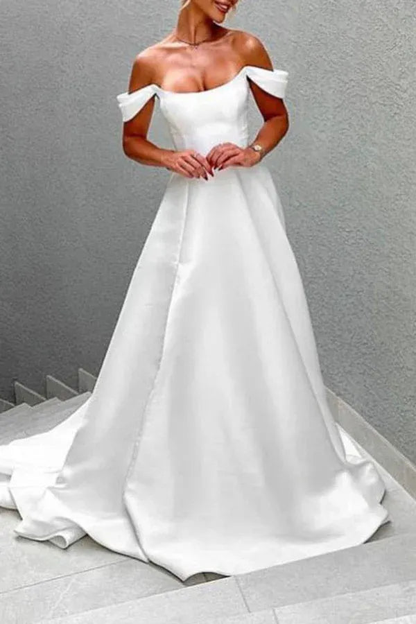 Regal A-Line Off-the-Shoulder Floor-Length Wedding Dress
