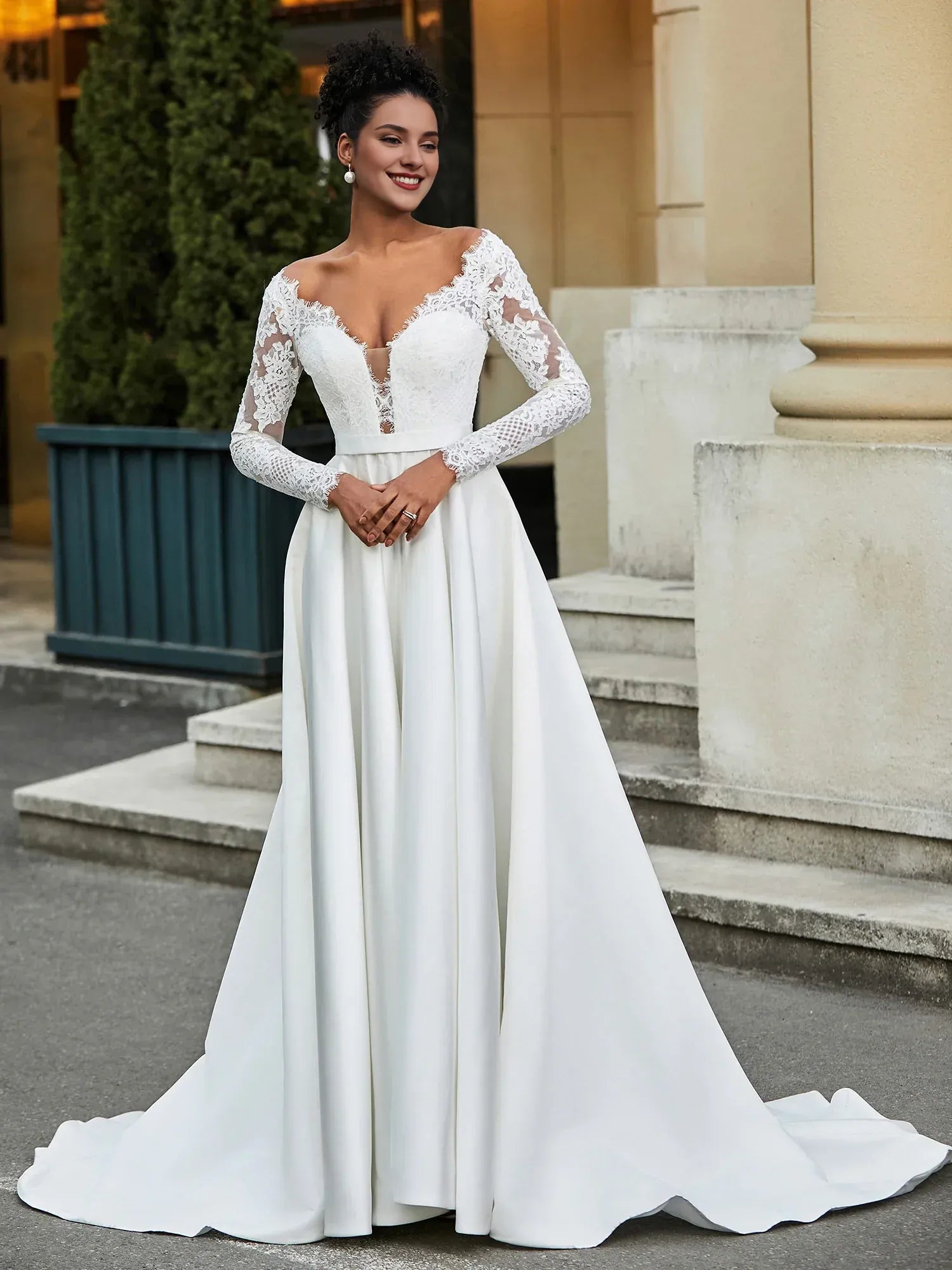 Regal A-Line Off-the-Shoulder Long-Sleeve Floor-Length Wedding Dress